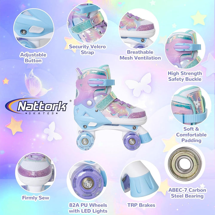 Nattork Kinder Rollschuhe, Rollschuhe Mädchen mit 4 Grössen Einstellbare, Rollschuhe für Mädchen Anf