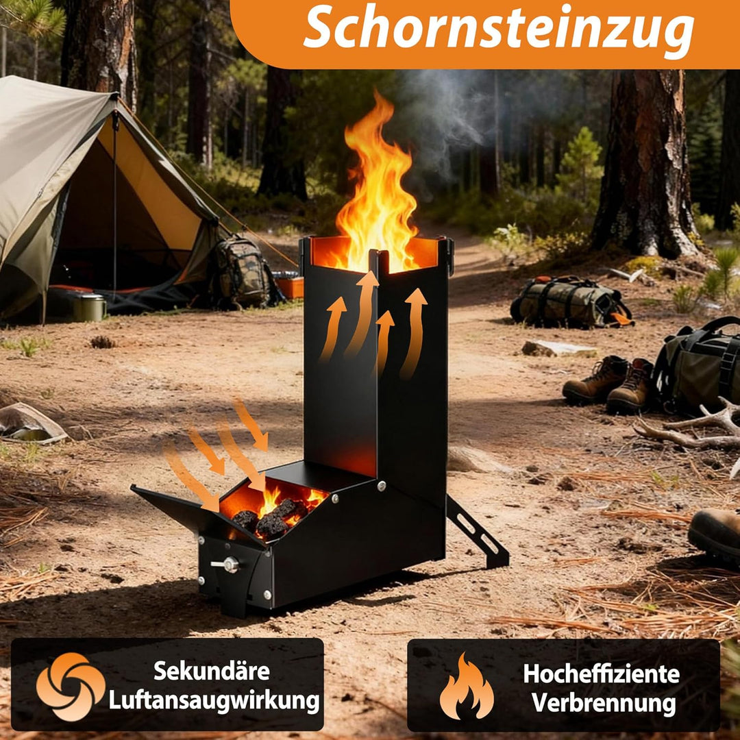 Raketenofen Edelstahl Feuerschale Kamin – Tragbarer Camping Holzofen, Campingofen mit Tasche, Campin