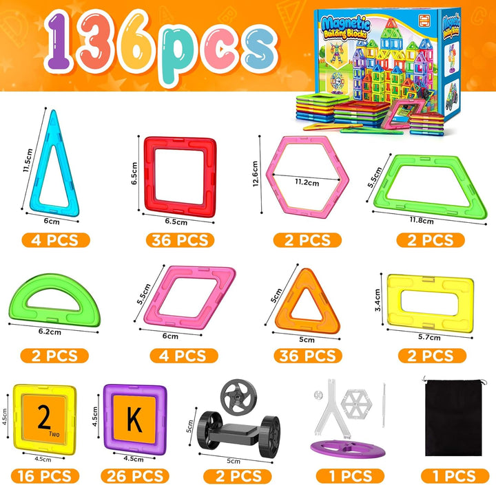 Magnetische Bausteine 136 Teile, Magnetspiel STEM Magnetbausteine, Montessori Spielzeug ab 3 Jahre,