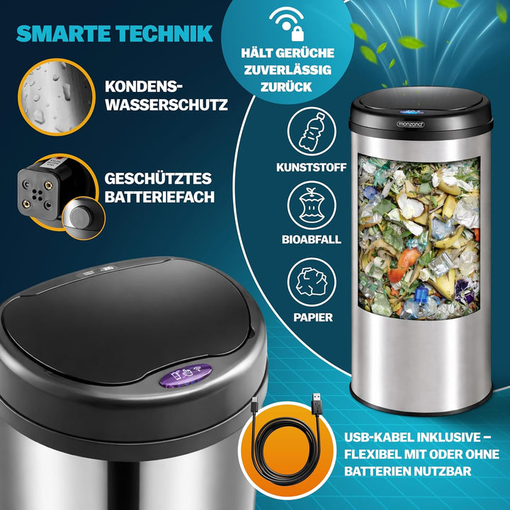 Monzana® Mülleimer Küche mit Deckel Sensor 30L Edelstahl USB Ladekabel Berührungslos Hygienisch Papi