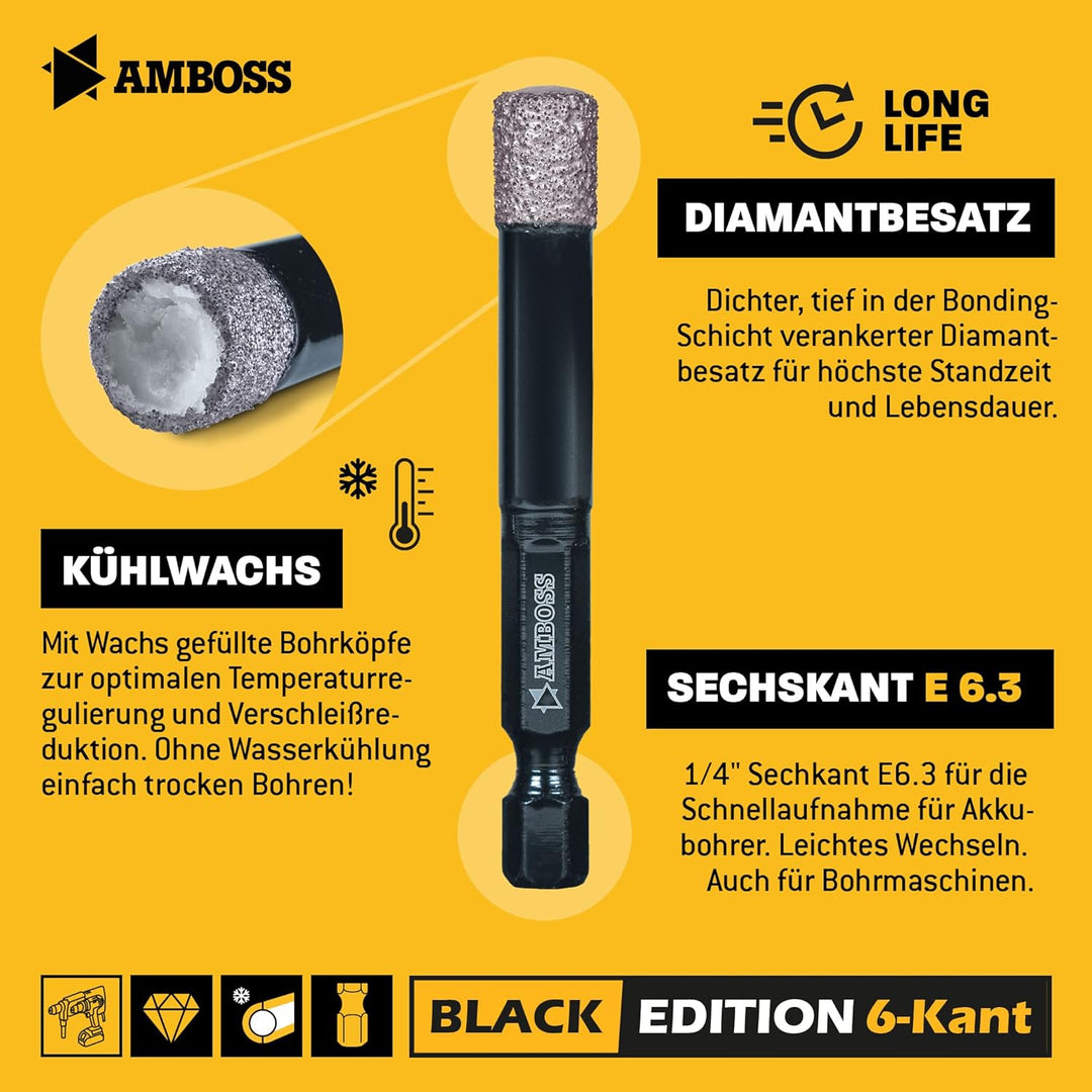 Fliesenbohrer Ø 14 mm/Sechskant Aufnahme - Amboss Black Edition Diamantbohrer - Fliesen/Feinsteinzeu