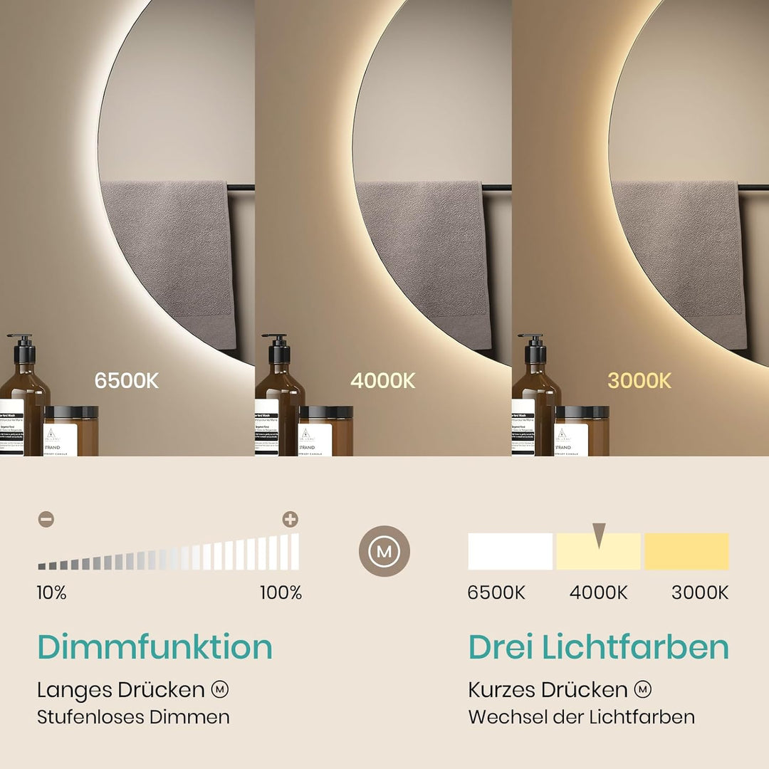 EMKE Badspiegel mit Beleuchtung Rund 60cm, Badezimmerspiegel mit 3 dimmbaren Lichtfarben, Antibeschl