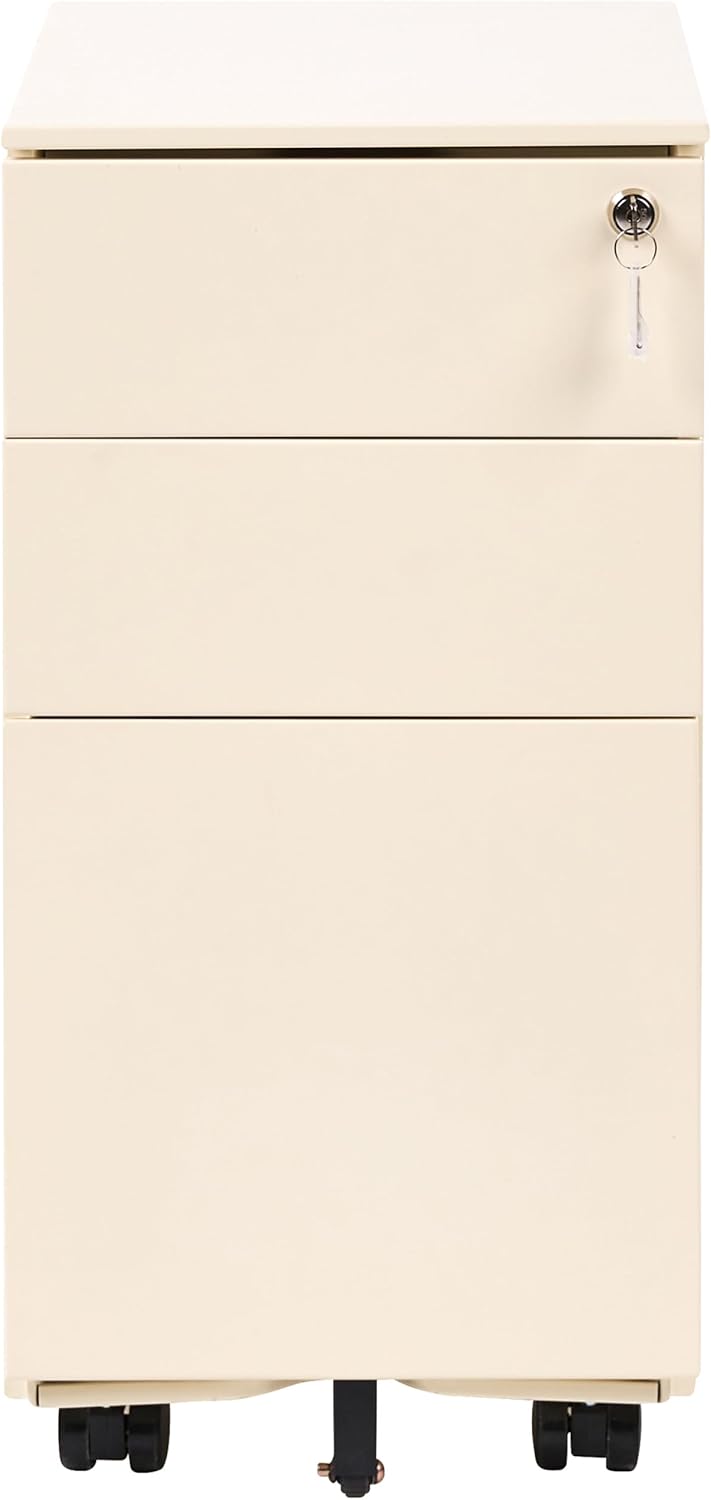 Aktenschrank Metall 3 Schubladen Hellbeige rollbar abschliessbar Büroschrank Bolsena