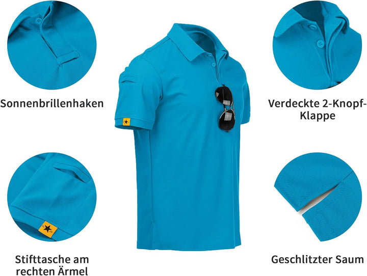 geeksport Poloshirt Herren Golf Kurzarm Freizeit Sport Polo Tennis Tshirts mit Brillenhalter Knopfle
