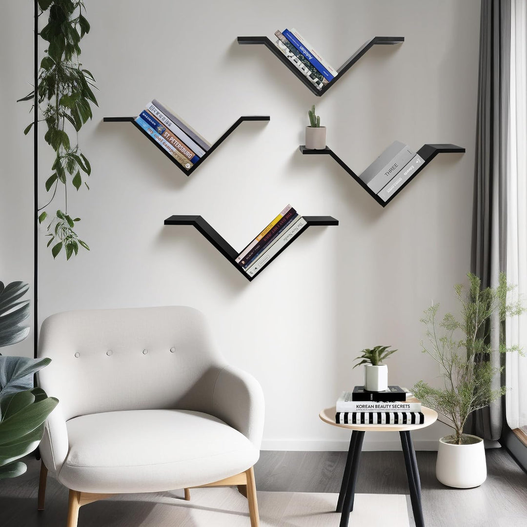 Mazjoaru Bücherregal Wandregal Holz 2er Set Wildgans-förmiges Design Schweberegale Modern V-Form Wan