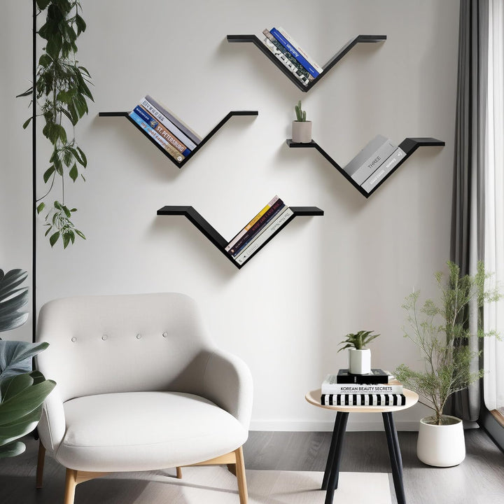 Mazjoaru Bücherregal Wandregal Holz 2er Set Wildgans-förmiges Design Schweberegale Modern V-Form Wan
