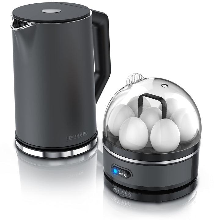 Arendo - Set Wasserkocher ELEGANT mit Eierkocher SEVENCOOK Edelstahl Grau, Wasserkocher 1,5L 40° - 1