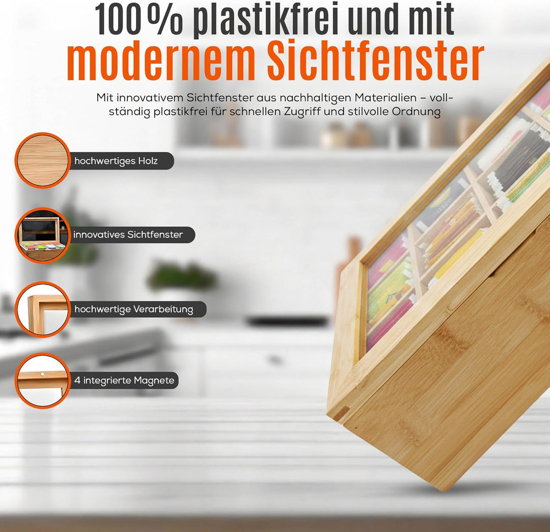 AH® Teebox aus Bambus mit 12 Fächern – Teekiste zur Teebeutel Aufbewahrung mit Sichtfenster &amp; Magnet