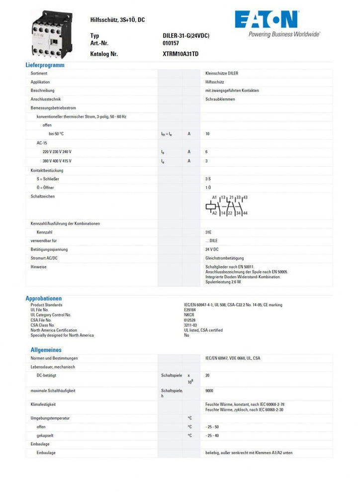 Eaton 010157 Hilfsschütz, 3 Schliesser + 1 Öffner, DC-betätigt