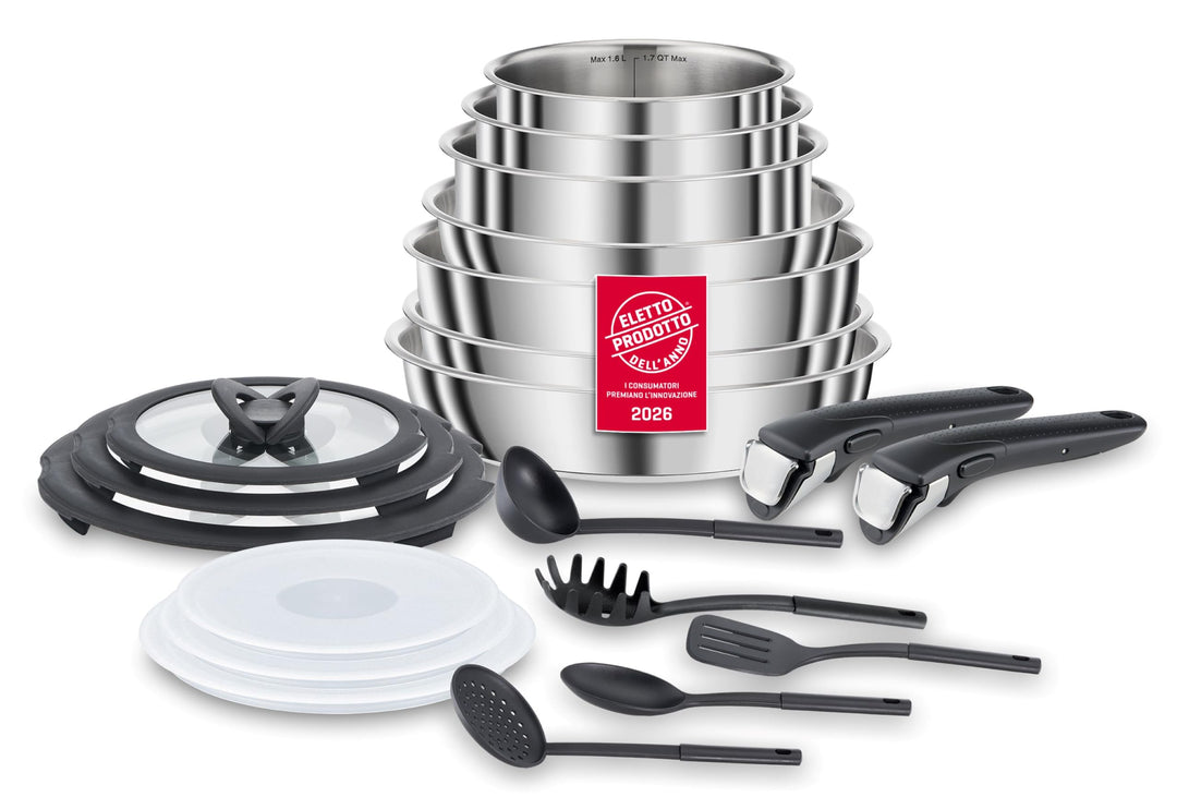 Lagostina Ingenio Inox Topf- und Pfannenset für Induktion, Edelstahl 18/10, grau, 20 Stück, 20 Pezzi