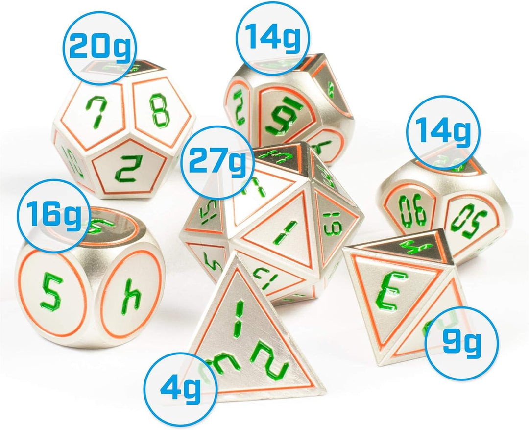 shibby 7 polyedrische Metall-Würfel für Rollen- und Tabletopspiele in Digital Optik D3 inkl. Aufbewa