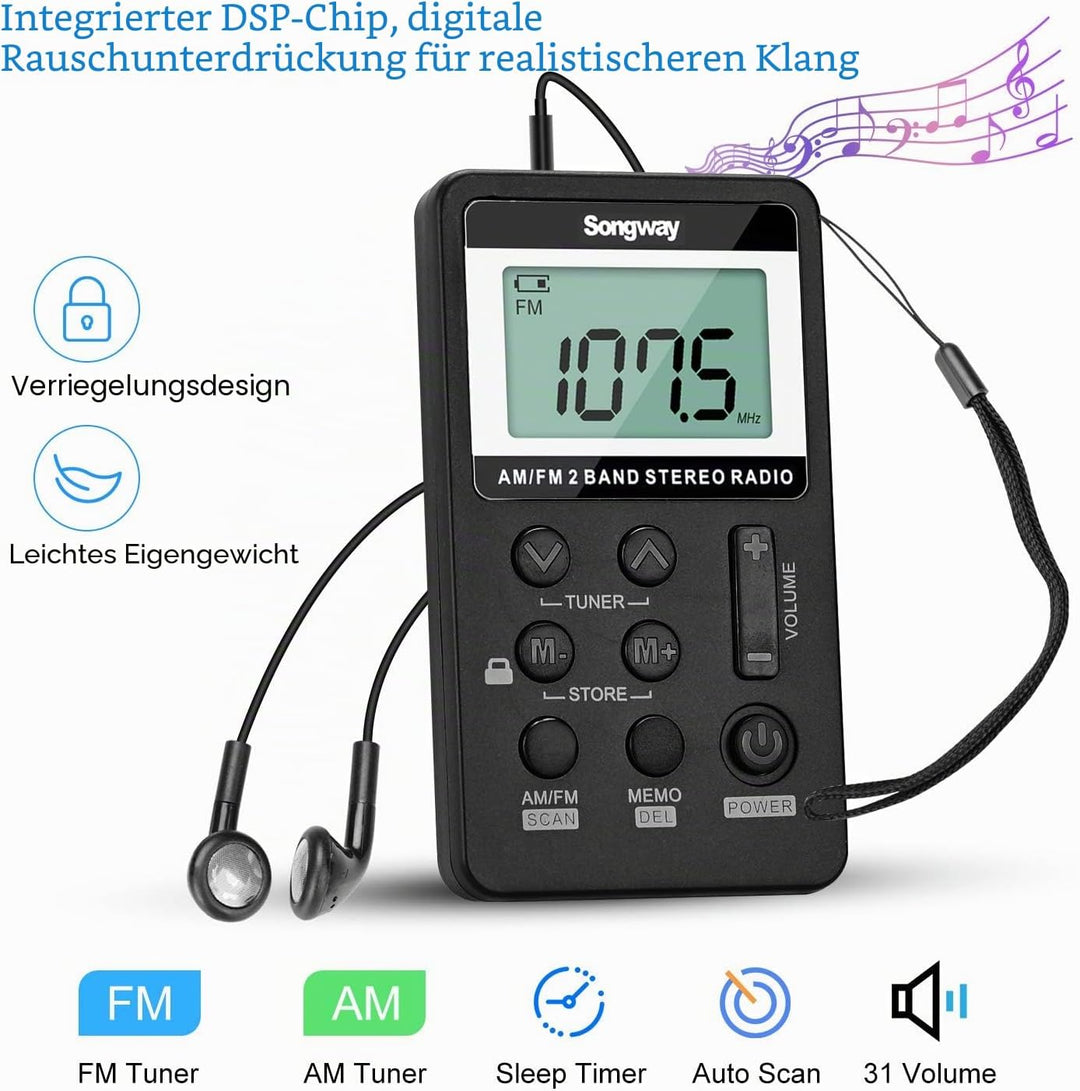 Songway AM/FM-Taschenradio Stereo mit Kopfhörer-LCD-Display USB Wiederaufladbar Hervorragender DSP-E