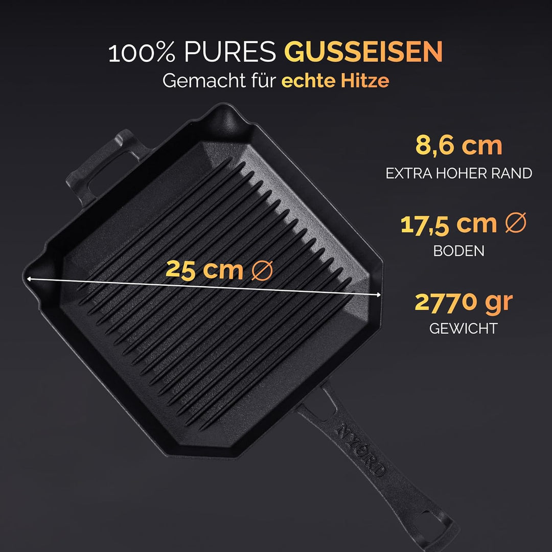 NYORD Gusseisenpfanne mit Grillrillen [TESTSIEGER] | Cast Iron BBQ Grillpfanne | Steakpfanne aus Gus