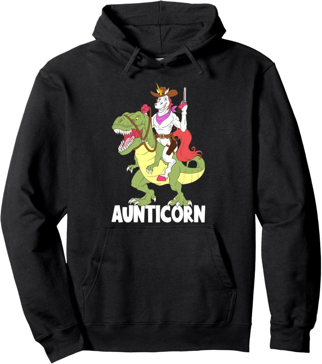 Aunticorn Aunt Unicorn Riding T-Rex Dinosaur Cowboy Sheriff Pullover Hoodie
