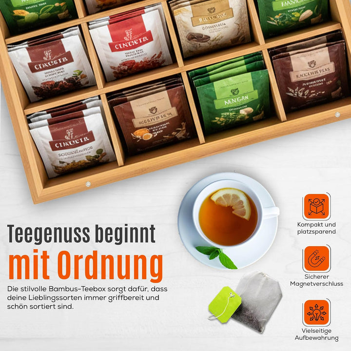 AH® Teebox aus Bambus mit 12 Fächern – Teekiste zur Teebeutel Aufbewahrung mit Sichtfenster &amp; Magnet