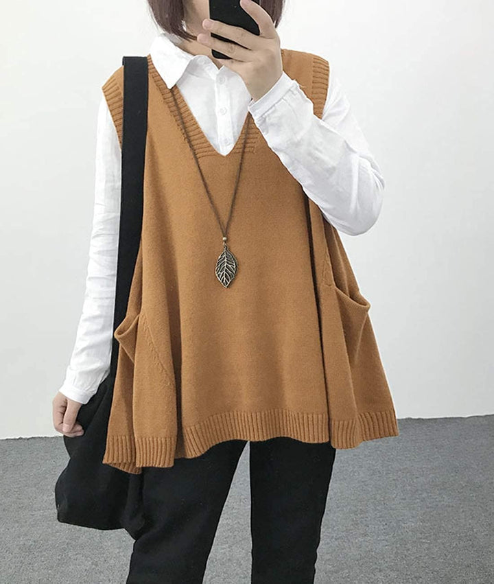 Janein Damen Pullunder ärmellos V Ausschnitt Stricken Weste Oversize Strickweste Beheizbare Tank Top