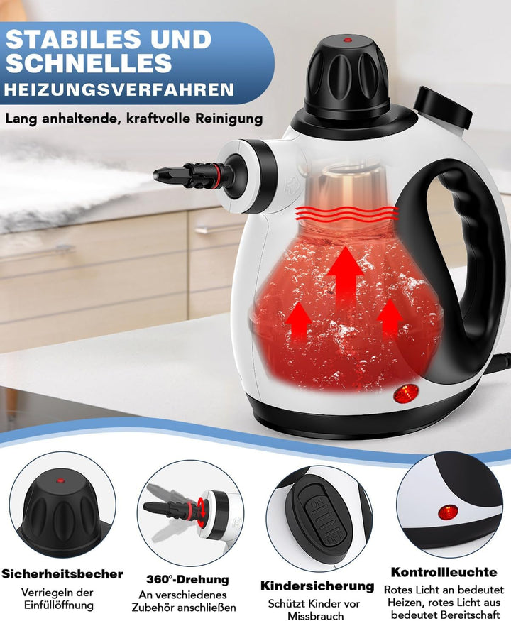 KLONA Handdampfreiniger, Dampfreiniger für Zuhause, Mehrzweck-Dampfreiniger mit 10 Zubehörteilen für