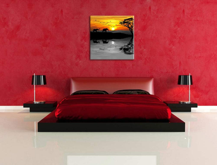 Pixxprint Afrikanische Steppe mit Elefanten schwarz/weiss, Format: 70x70 auf Leinwand, 70x70