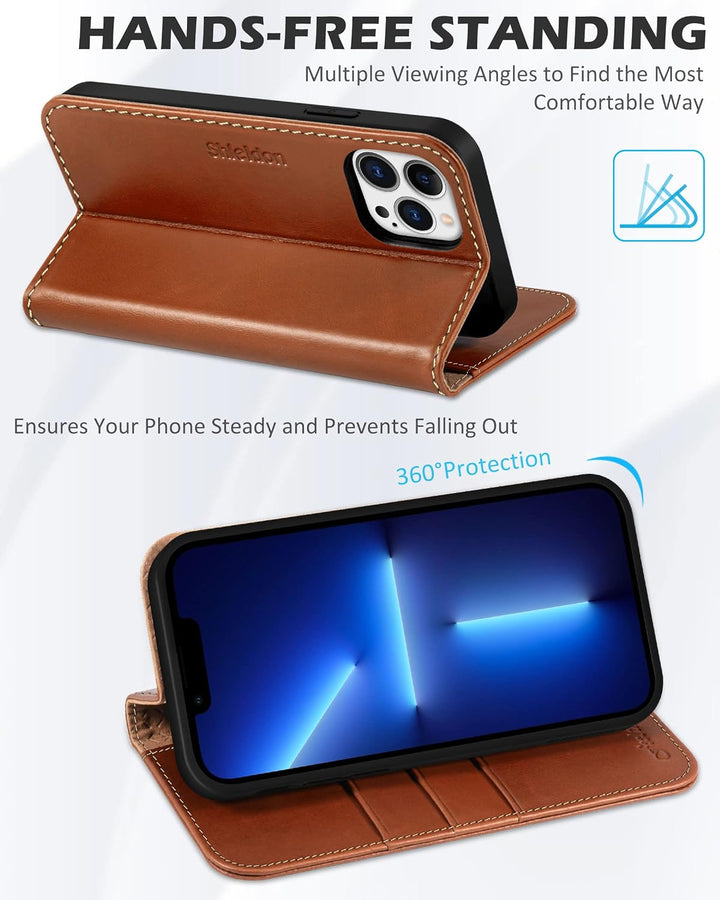 SHIELDON Hülle für iPhone 13 Pro Max Handyhülle TPU [Echtleder] [Kartenfach] [Magnet] [Standfunktion