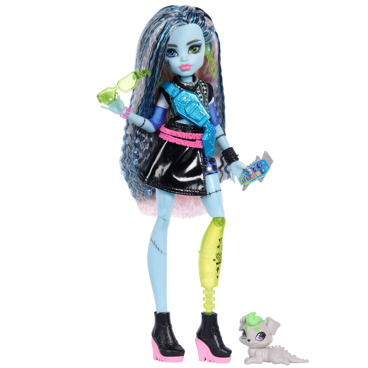 Monster High-Puppe, Frankie Stein in bauchfreiem Pullover und schwarzem Lederrock mit Hund Watzie un