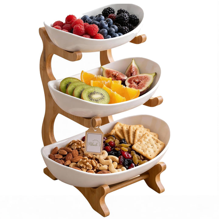 Obstständer 3-stöckig aus Bambus, Mehrstöckiger Obstkübel mit Schalen, Küchenorganizer für Obst und