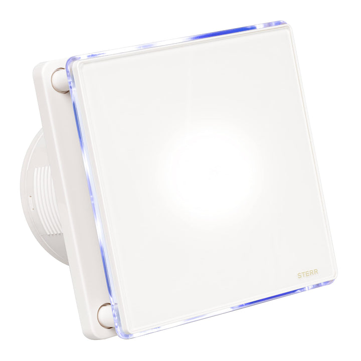 STERR Weisser Badlüfter 100 mm mit LED - Badezimmerventilator - Glasfront - Modernes Aussehen - BFS1