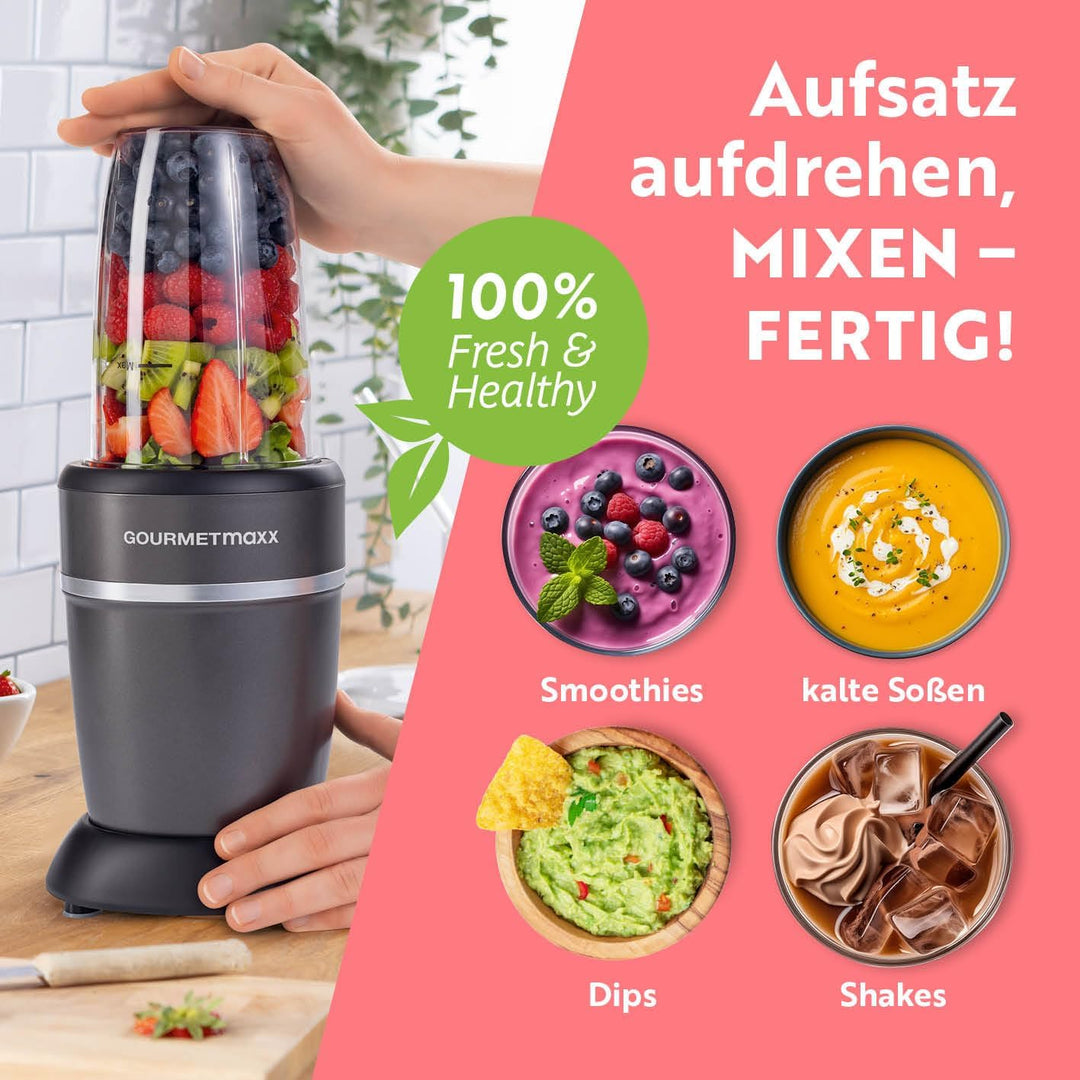 GOURMETmaxx Nutrition Mixer 1000 Watt | Smoothie Maker mit to go Deckel | Standmixer mit Mixbecher &