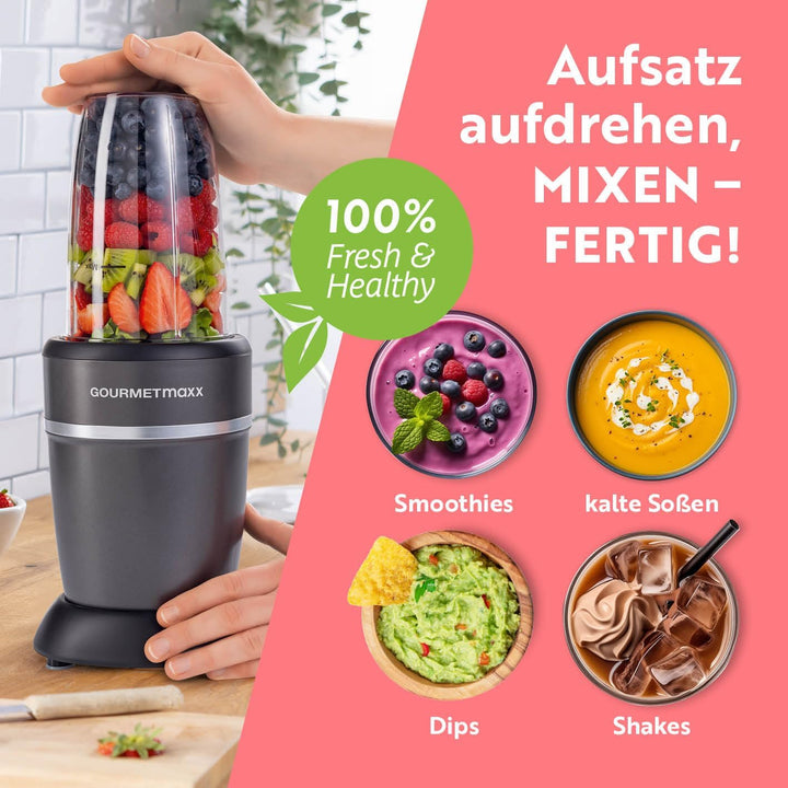 GOURMETmaxx Nutrition Mixer 1000 Watt | Smoothie Maker mit to go Deckel | Standmixer mit Mixbecher &