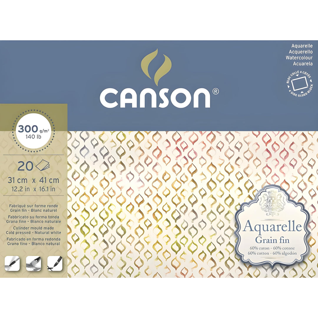 Canson Aquarelle Canson Block rundumgeleimt, 31 x 41 cm, 20 Blatt, 300 g/m², Feinkorn
