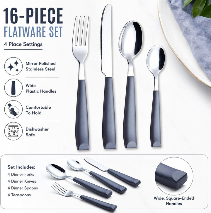EXZACT 16 PCS Besteck Set/Edelstahl-Besteck - Edelstahl mit Kunststoff-Handgriffen - Bequem zu halte