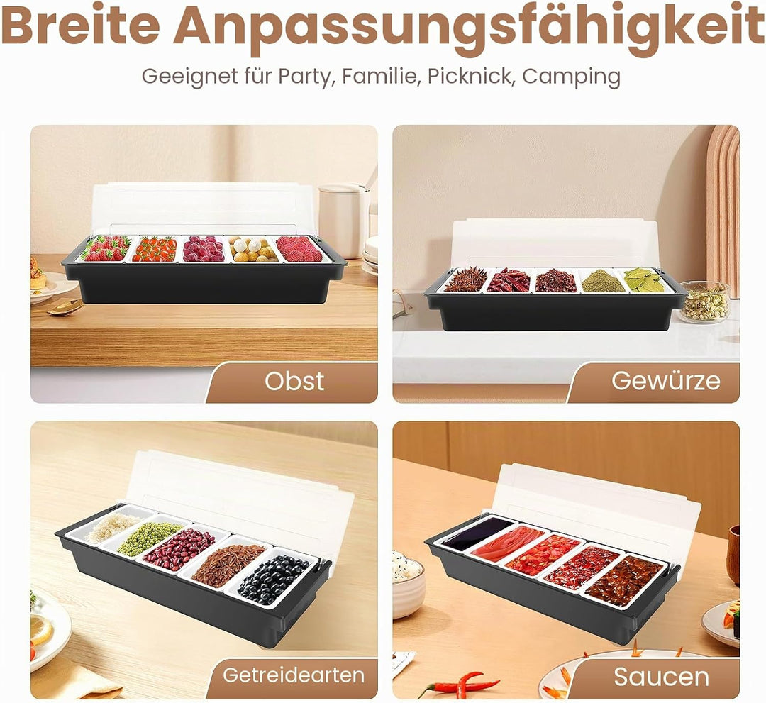 Bar Zutatenbehälter mit 5 Einsätzen, Gewürzbehälter Obstschachtel Kunststoff Obst Caddy Tablett Home