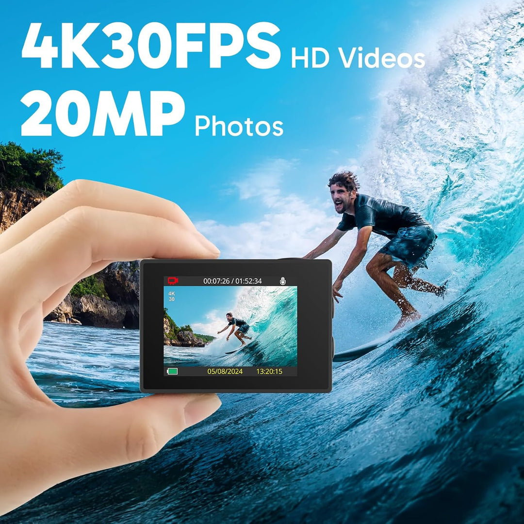 AKASO EK7000 Action Cam mit Schwimmender Handgriff und Tasche, 4K30FPS 20MP WiFi Unterwasserkamera E