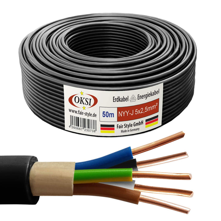 OKSI 50m NYY-J 5x2,5 mm² Erdkabel Elektrokabel Beton und Freien Kupfer Made in Germany, 50m NYY-J 5x