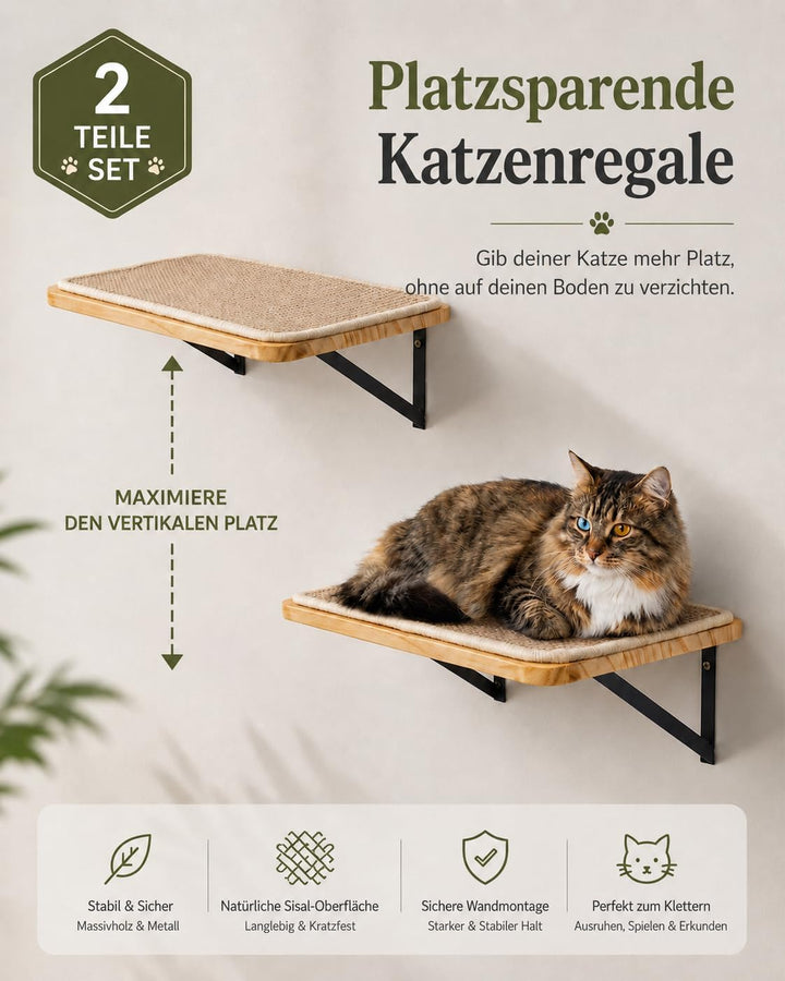 Katzen Kletterwand, Katzenwandmöbel mit Kratzmatte, Wandmontiertes Massivholz Schlafplattform für Kl