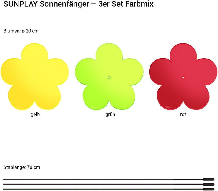 SUNPLAY "Sonnenfänger-Blumen 3er Set - Gelb, Grün, Rot - 3 Stück je 20 cm Durchmesser im Set + 70 cm