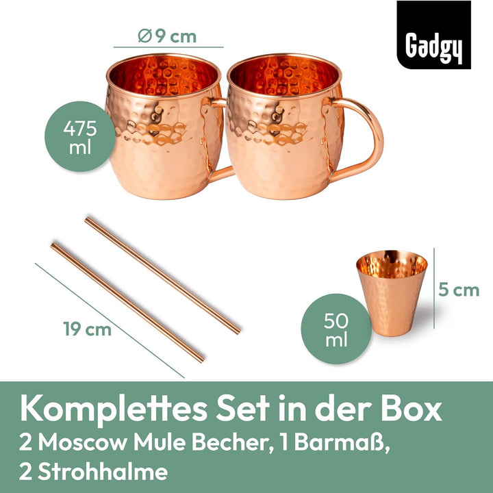 Gadgy Moscow Mule Becher Set aus Kupfer – 2 Handgefertigte Kupferbecher + 2 Strohhalme + Barmass – C