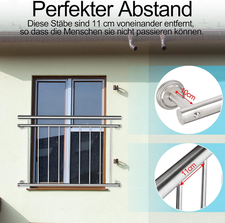 Aufun Französischer Balkon Edelstahl Geländer 100 x 90 cm Terrassengeländer mit 7 Füllstäben, Balkon