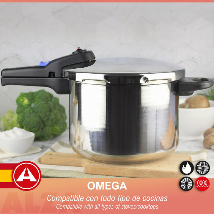 ALZA Omega Schnellkochtopf 8 Liter + Korb, hergestellt aus Edelstahl 18/10, für alle Herdarten, Indu