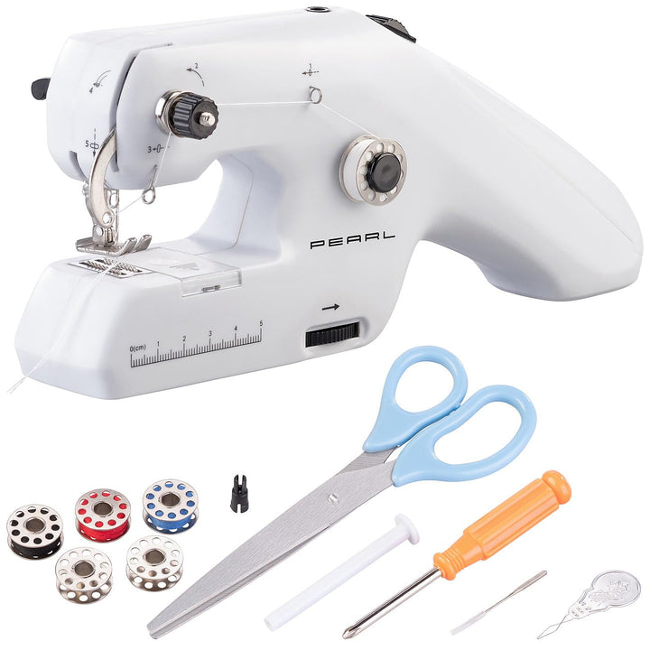 PEARL Nähmaschine: Echte Mini-Handnähmaschine mit Ober- und Unterfaden, USB & Batterien (Mininähmasc