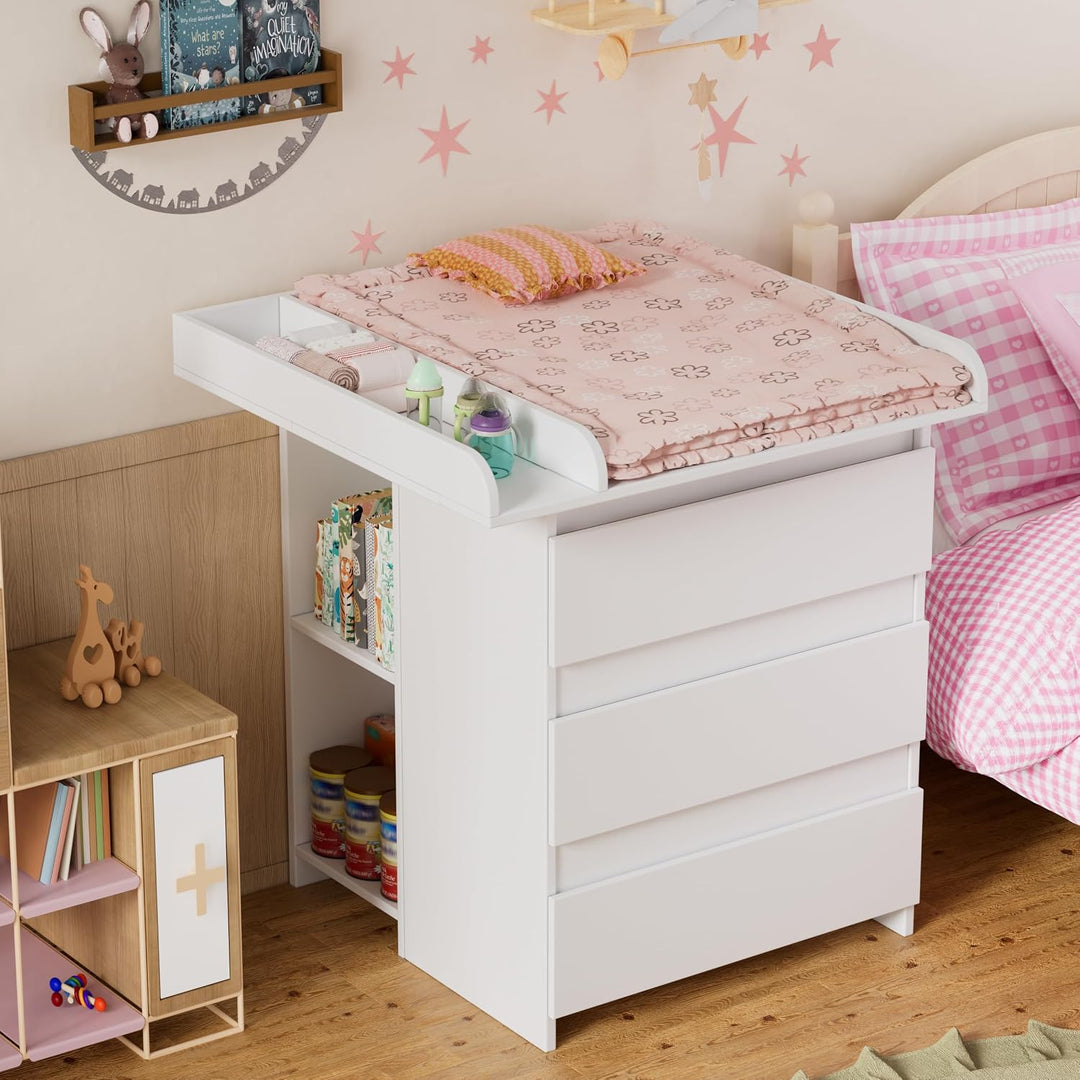 2-in-1 Wickelkommode mit abnehmbarem Wickelaufsatz, Baby Wickeltisch&Kommode mit 3 Schubladen und 6