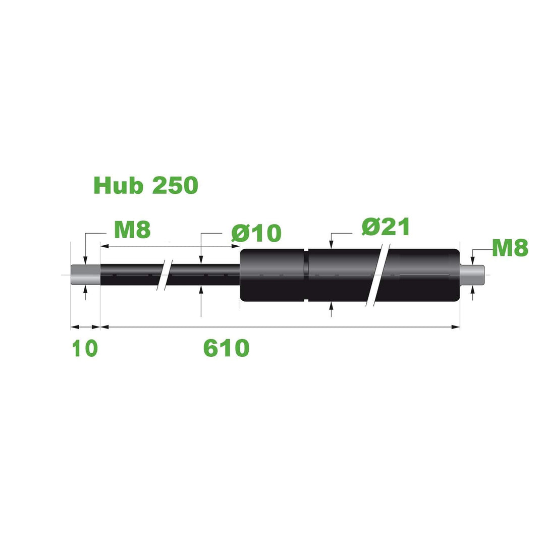 Gasdruckfeder 10/21 M8 Hub=250 L=610 mm 500N(0202)
