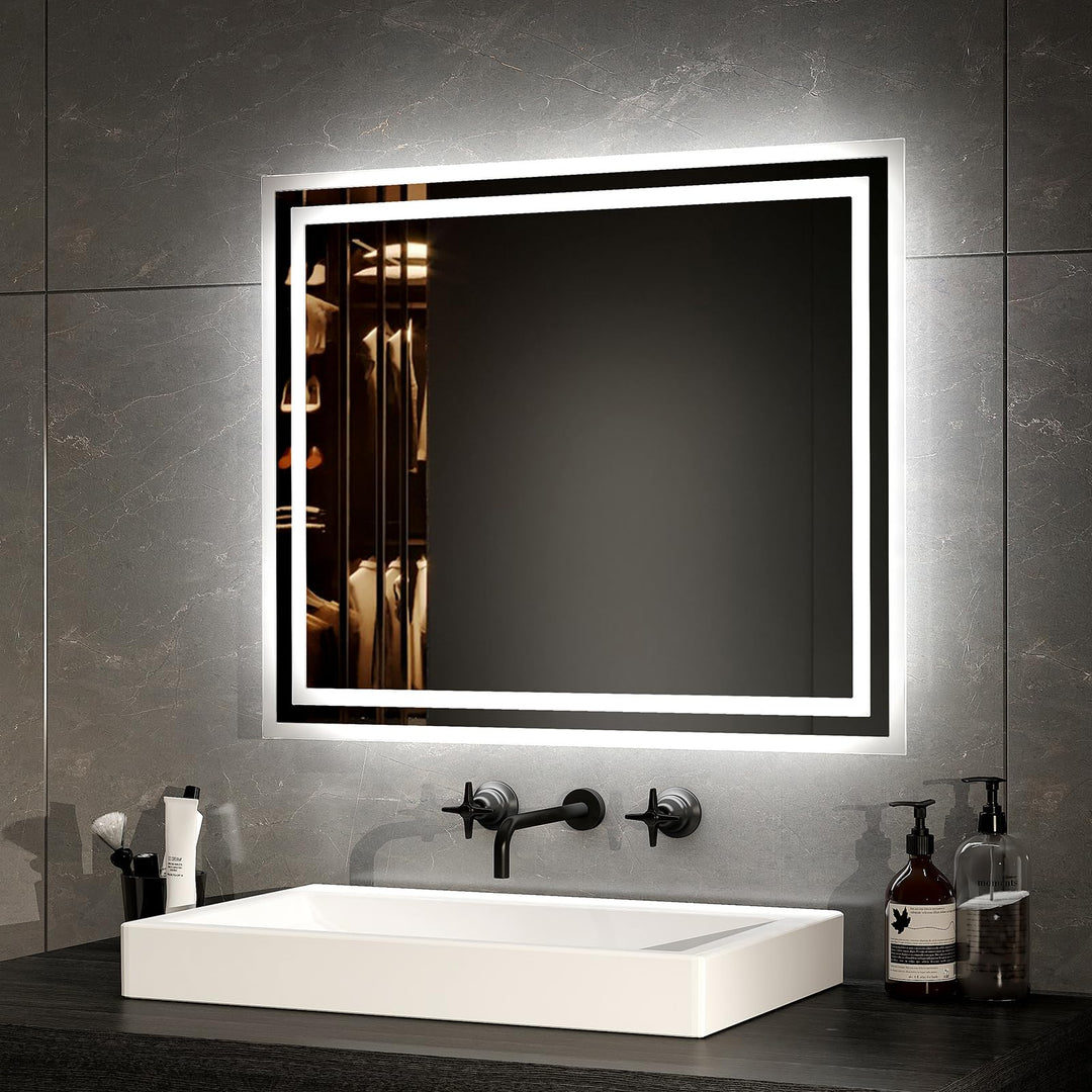 EMKE LED Badspiegel mit Beleuchtung 50x60cm LED Wandspiegel Warmweisses Licht und Kaltesweisses Lich