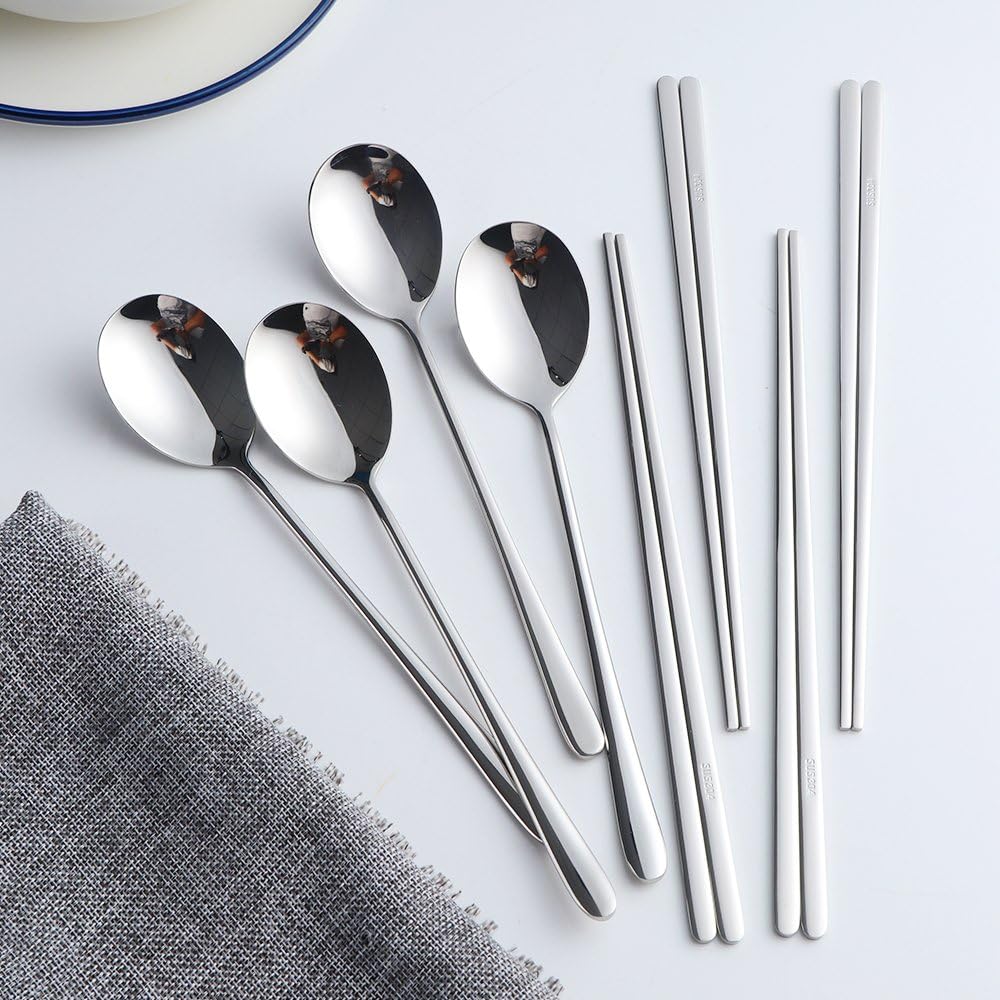 Buyer Star 4 Sätze flaches Essstäbchen Koreanischer Löffel 8 Stück Rostfreier Stahl Stäbchen Löffel