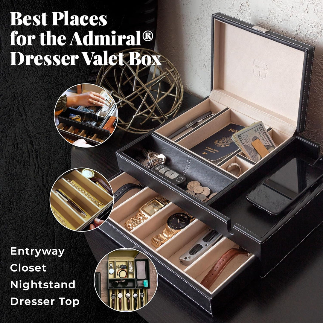 HOUNDSBAY Admiral Kommode Valet Box & Herren Schmuck Box Veranstalter mit Ladestation Smartphone (El
