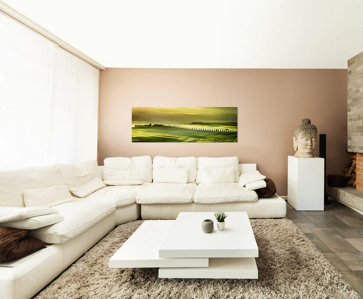 Paul Sinus Art Panoramabild auf Leinwand und Keilrahmen 150x50cm Landschaft Wiesen Dorf Bäume Sonnen