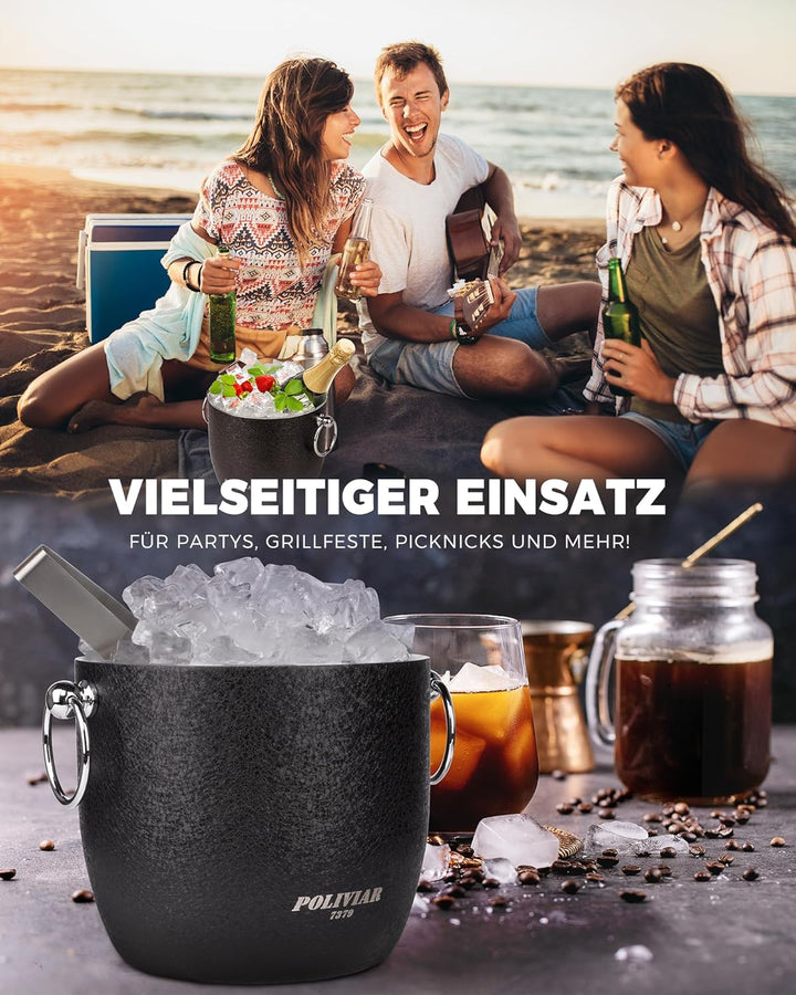 Poliviar Edelstahl Eiswürfelbehälter mit Deckel u. Zange- 2,5 Liter Doppelwandiger Eisbehälter- Eise