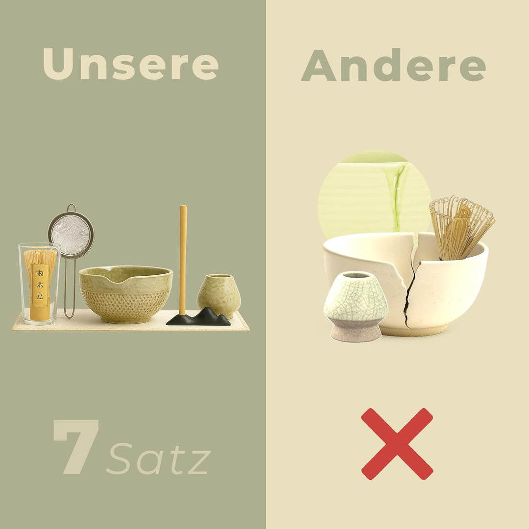 Matcha Set 7-teilig – Premium Tee Set mit Keramik Matcha Schale, Bambus Schneebesen (Chasen), Sieb &amp;