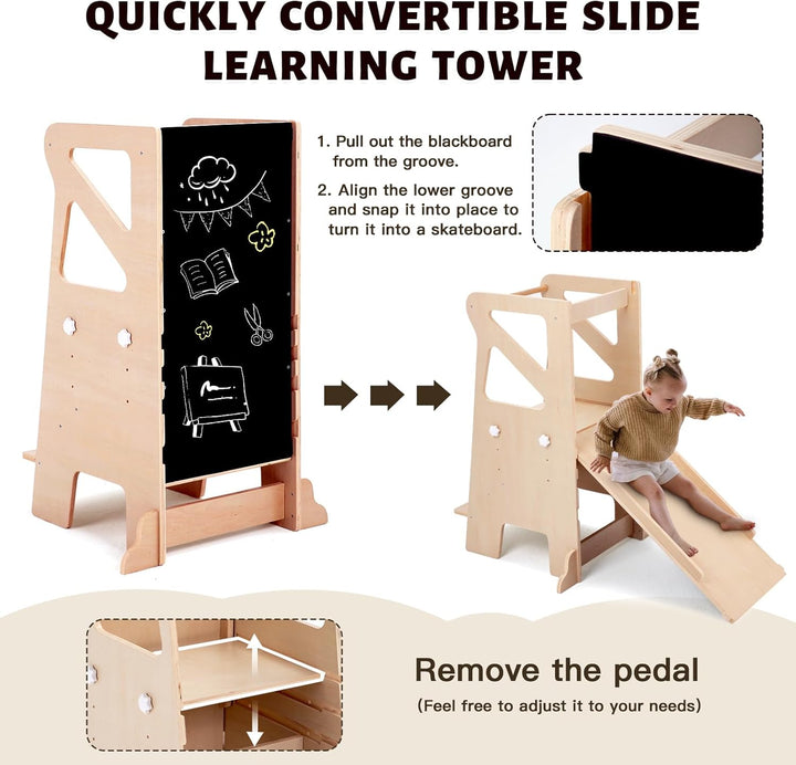 Labebe Lernturm für Kinder, Montessori Learning Tower mit Rutsche, 4-in-1 Verstellbare Höhen Lerntur