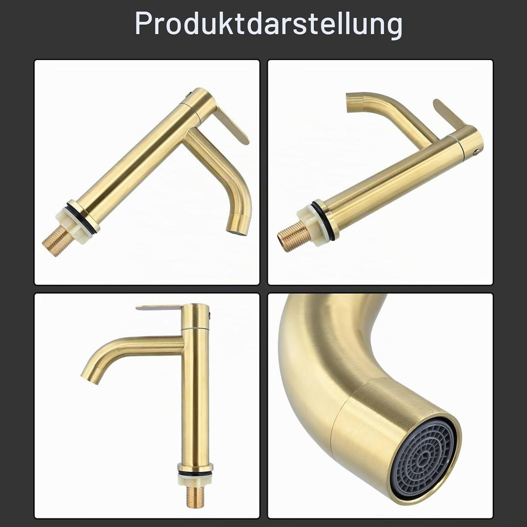 Waschbeckenarmatur, gebürsteter Edelstahl, goldfarben, 23-28 mm, Befestigungslöcher für Waschbecken
