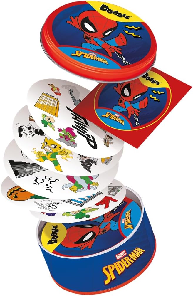 Asmodee Dobble Spiderman, Beobachtungs- und Geschwindigkeitskartenspiel für Kinder und Erwachsene, B